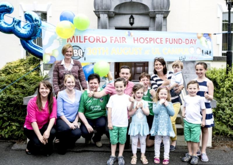 Star attraction: country singing sensation Nathan Carter at the launch of the Milford Hospice Fund Day (centre) along with Emer Hough, Siobhan Coffey, Helen Kennedy, Pauline McCarthy, Caroline Ryan, Esther O'Brien and local children. Picture: Keith Wiseman