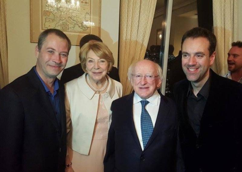 Myles Breen and Liam O'Brien of Bottom Dog with President Michael D Higgins and Sabina at a reception in celebration of the festival, founded by fellow Limerick man George C Heslin