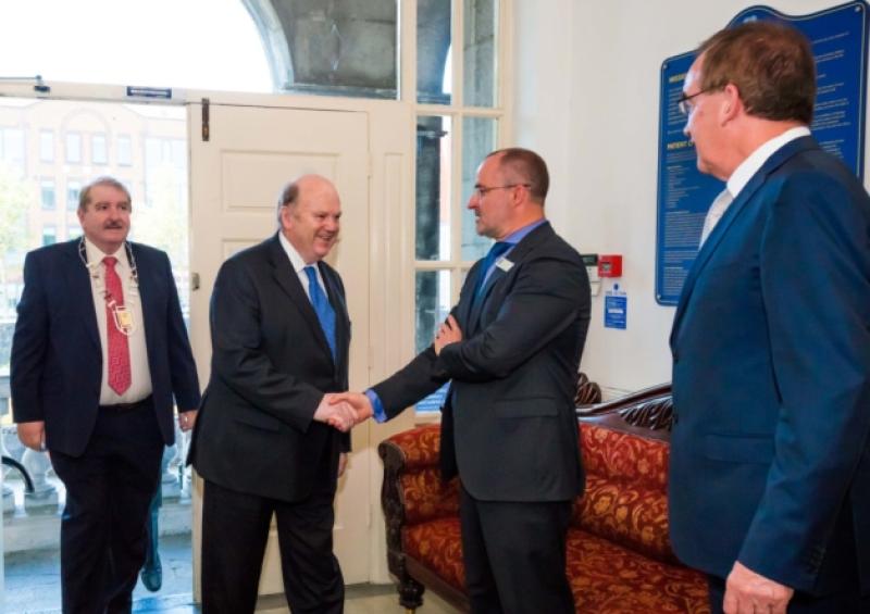 Minister Michael Noonan arriving in Barrington's Hospital with  Limerick City and County Council chairman, Kevin Sheahan, greeted by MD Denis Cahalane and Paul O'Byrne to open the new inpatient suites. Picture: Tarmo Tullit