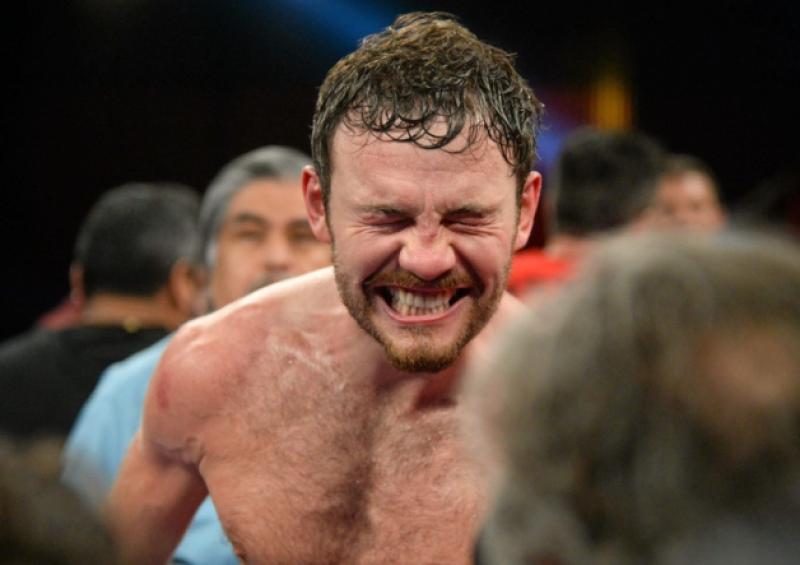 Andy Lee reacts after defeating Matt Korborov by technical knock out in the sixth round of the WBO middleweight title fight in Las Vegas
