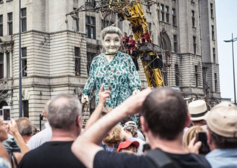 The Grandmother Giant - that is coming to Limerick - makes her way through the streets of Liverpool recently