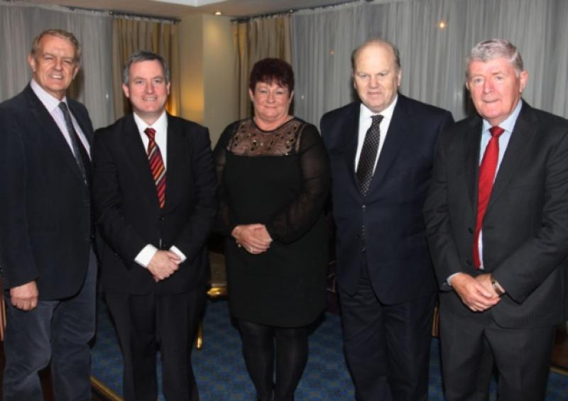 Fine Gael's team on City North, right to left: Cllr Denis McCarthy, Tina O'Gorman and Cllr Michael Hourigan, with Deputy Kieran O'Donnell and Finance Minister Michael Noonan