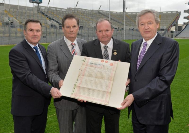 Ballylander's David Dineen is pictured with the original Deeds of Croke Park during an event to mark the 100th Anniversary of the Deeds of Croke Park being presented to the GAA by Frank Dineen. Also pictured are Croke Park Stadium Director Peter McKenna, GAA President Liam O'Neill and Ard Sti�rthoir of the GAA Paraic Duffy