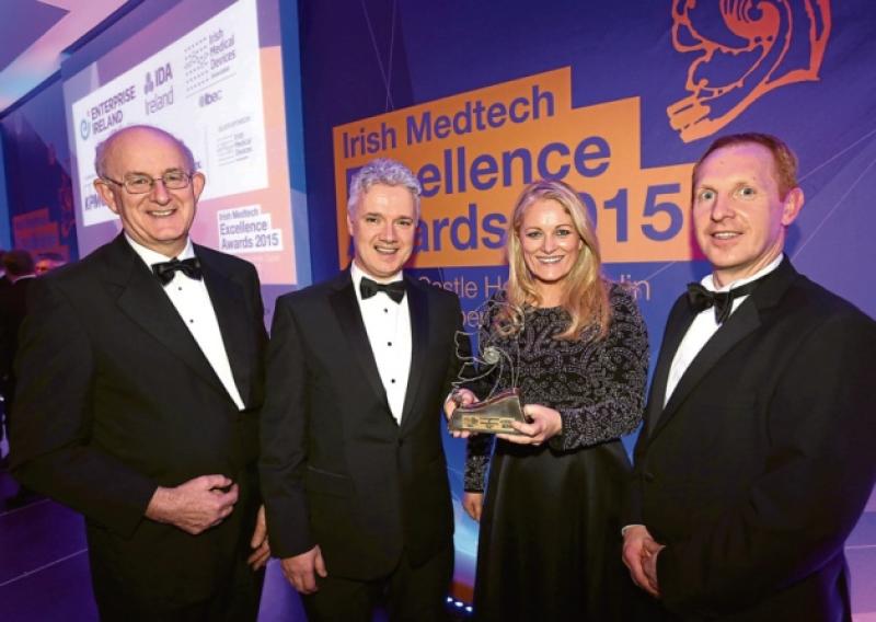 Pictured at the IMDA awards were Tom Kelley, Enterprise Ireland, David Tallon, vice-president Stryker, IMDA director Sinead Keogh and the IDA's head of medical technologies Michael Lohan