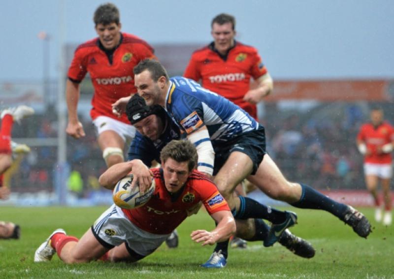 Munster scrum-half Ian Keatley, pictured here scoring a try against Leinster last season, has resumed full training with the province this week