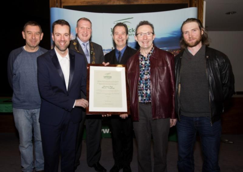 No Bottom Dogs: Mayor Liam Galvin with the theatre company founders John Murphy, Liam O'Brien, Myles Breen, Mike Burke and Pius McGrath at the civic reception last week. Below, Myles and the Mayor. Pictures: Liam Burke/Press 22