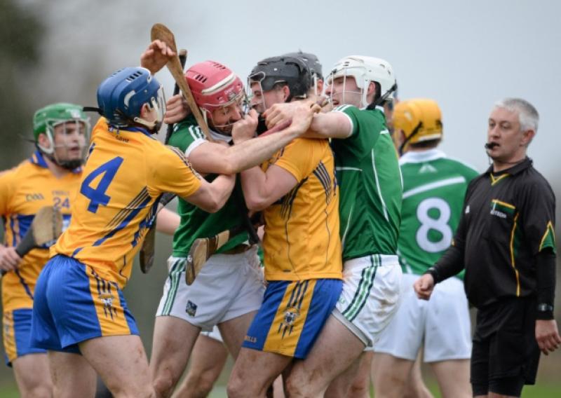 Tempers flare during Sunday's Waterford Crystal Cup game between Clare and Limerick in Sixmilebridge