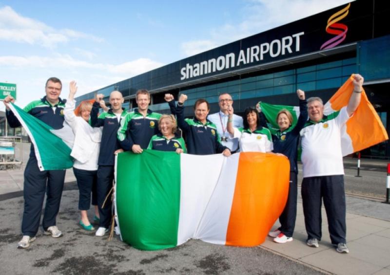Richard and Anna Costello, Thomas Doherty, Eoghan O'Neill, Madeline Donaghy, John Loftus, Niall Maloney, Director of Operations Shannon Airport, Trish Loftus and Mary and Michael Sheahan in Shannon before heading to Poland. Picture: Arthur Ellis