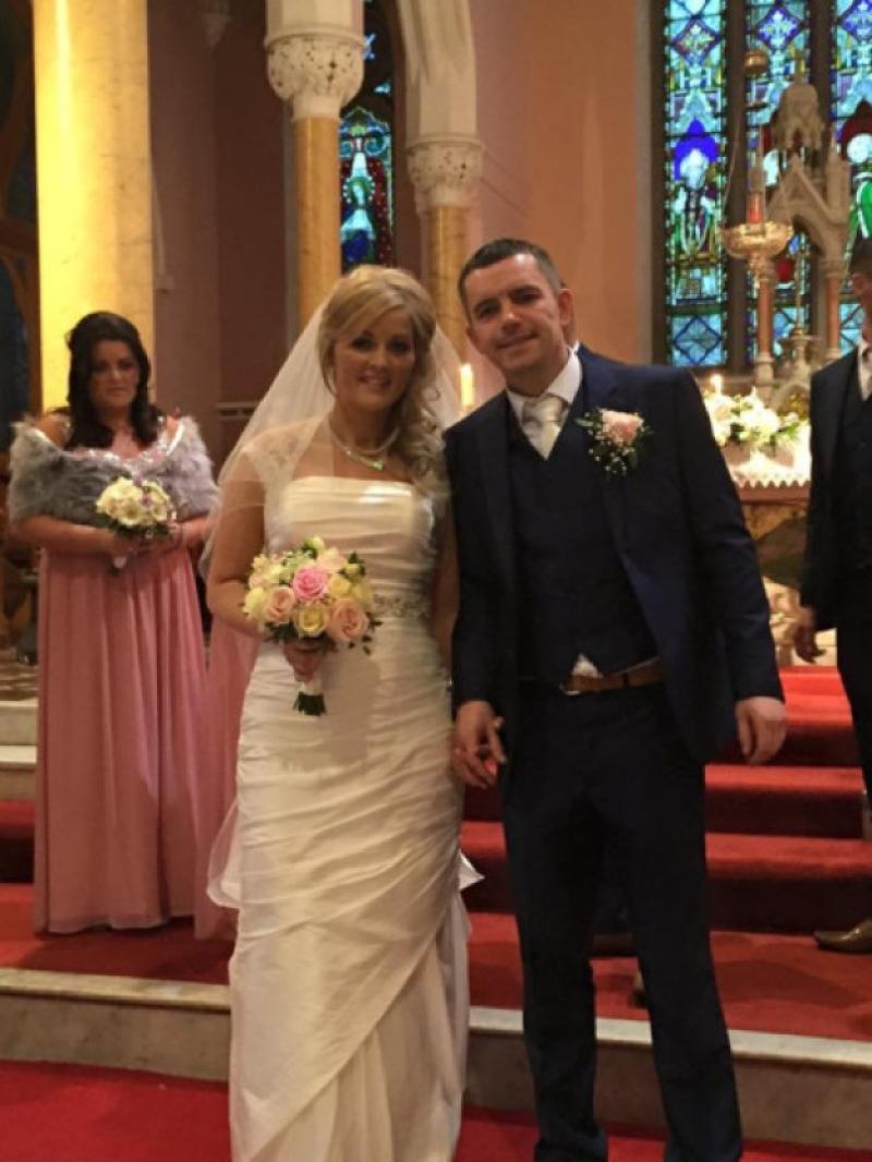 Just married! Shelly and Jason O'Flynn pose for a photo after exchanging their vows in Macroom Church on Saturday afternoon