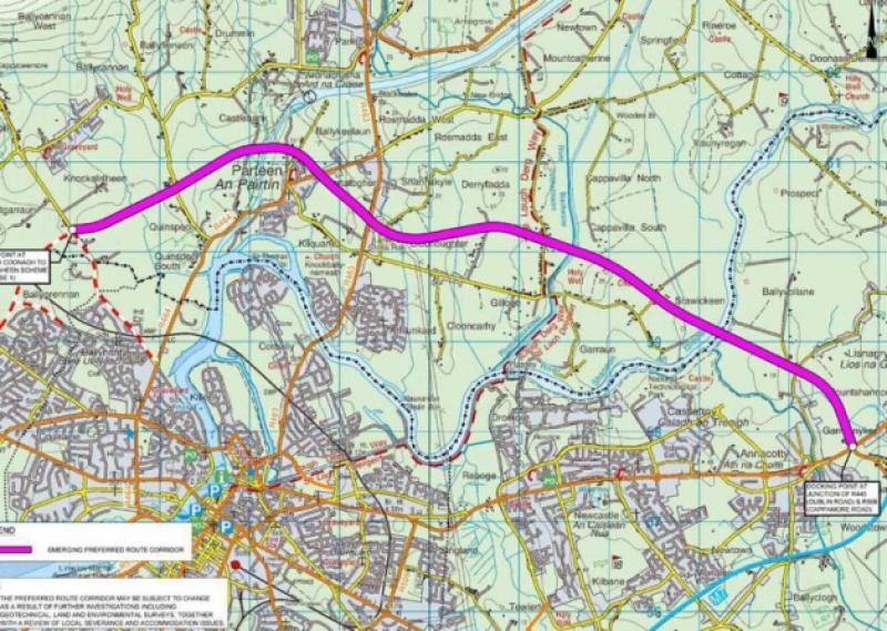 The preferred route for the Northern Distributor Road, which was rejected by councillors in Limerick