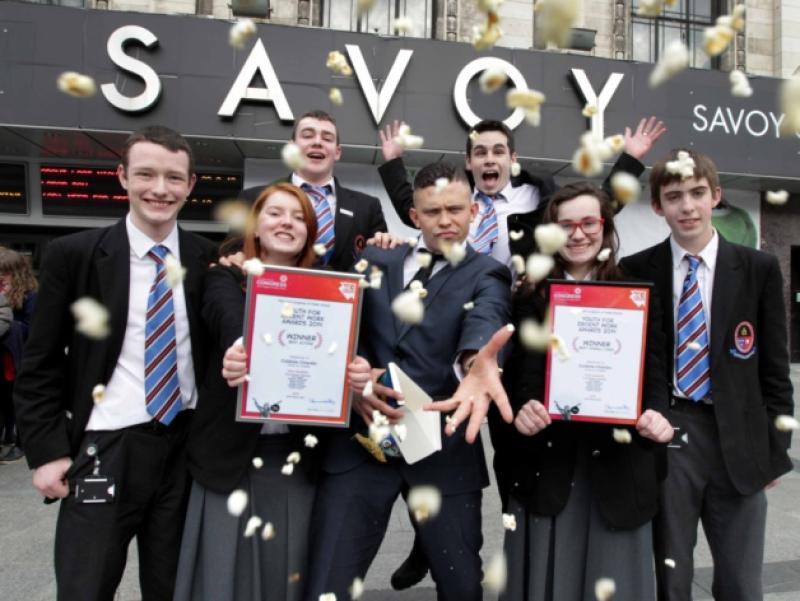 Love/Hate's Aaron Heffernan (centre) with the winning Colaiste Chiarain students, from left, Tiernan O'Rourke, Aoife Lennon, Eoin Hayes, Adam Hannon, Christina Enright and Bryan Lynch. Photo: Mark Stedman/Photocall Ireland