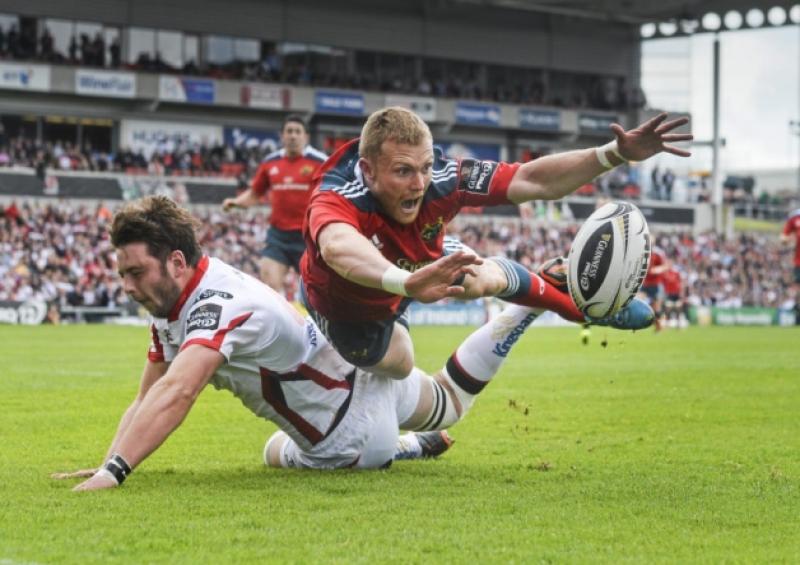 Munster winger Keith Earls is prevented from scoring a first half try  by Ulster back-row Iain Henderson in their Guinness PRO12 clash at Kingspan Stadium on Saturday