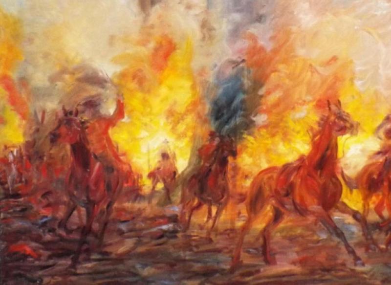 Horses flee an artillery explosion in a detail from Granagh artist Ester Barrett's painting Siege of Limerick, based on the Williamite assault of 1691