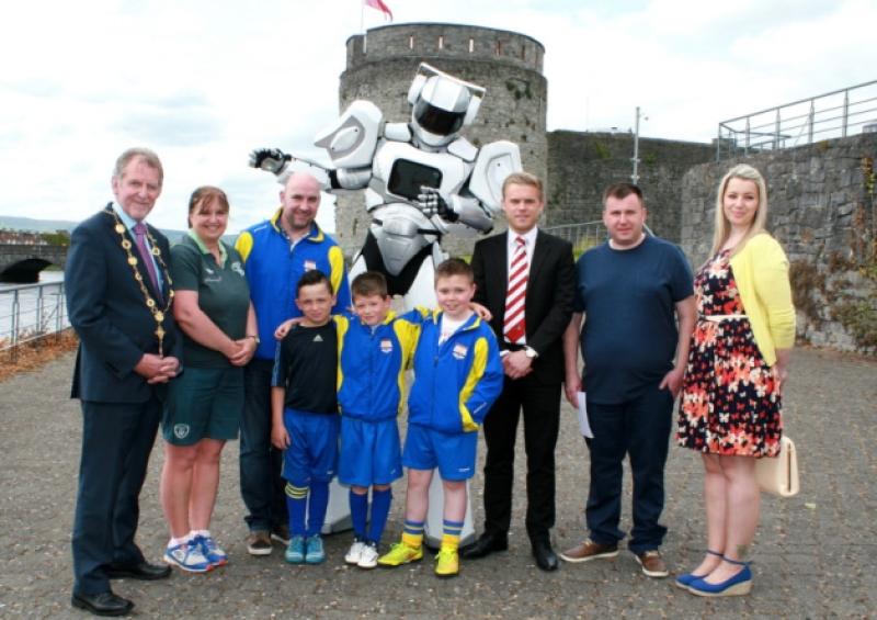 Mayor Michael Sheahan, Barbara Bermingham, FAI, Denis Griffin, Scott O'Sullivan, Jason Tynne and Sean Griffin, Carew Park FC, Brett McGoldrick, Sunderland AFC, Mark Heffernan, Changing Lives charity and Elaine Murray, Childline regional fundraiser with 'Erndroid1' at the launch. Picture: Adrian Butler