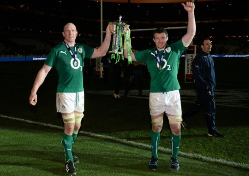 Ireland captain Paul O'Connell and team mate Peter O'Mahony celebrate their dramatic victory over France in Paris which also secured the 6 Nations Championship title