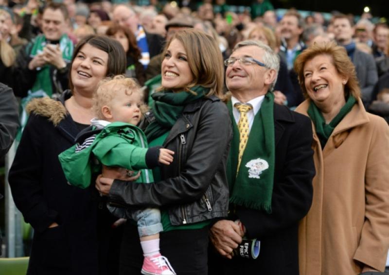 Brian O'Driscoll's family in Paris for his swansong on Saturday. From left, sister Sue, wife Amy with daughter Sadie and parents Frank and Geraldine. Picture: Stephen McCarthy / SPORTSFILE