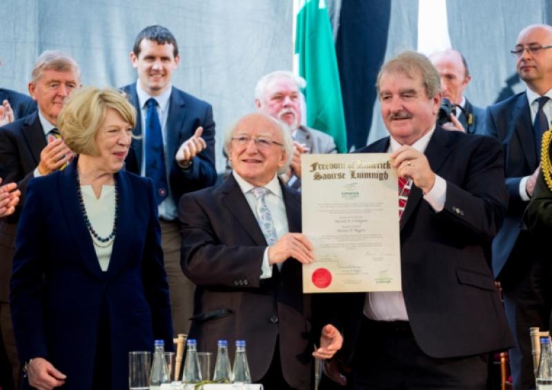 President of Ireland, Michael D Higgins, has become the first recipient of the honour of Freedom of Limerick at a ceremony in the Milk Market this Monday. Picture: Alan Place/FusionShooters