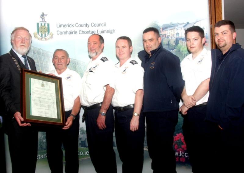 Cllr Jerome Scanlan presents a scroll to Jim Connors on behalf of Limerick marine Search and Rescue.  Also in the picture are, Terry Logan, Dave Finn, Shane O'Shea, Eoin O'Connor and Stephen Ryan  [Picture: Dave Gaynor]