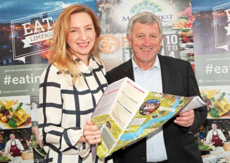 Olivia O'Sullivan launching the Eat in Limerick guide with the sponsor Gerry O'Shea, of GGC Security at the Milk Market. Picture: Dave Gaynor