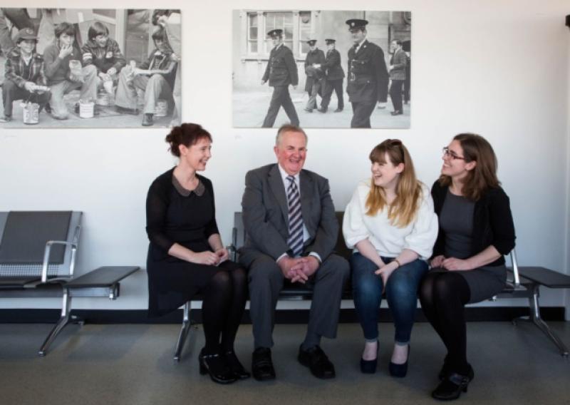 Looking back on different days: retired garda Cormac Hurley with Jacqui Hayes, Limerick City and County archivist, Anne Kearns, From Limerick with Love exhibition co-ordinator and Sharon Slater, researcher, under a photograph from 1972 which includes Cormac on the far left (Picture: Alan Place) and below, Bobby Power, Limerick Leader advertising manager; Rose Hynes, chairman of Shannon Airport; Limerick Leader editor Alan English and the newspaper's MD Irene Hamilton