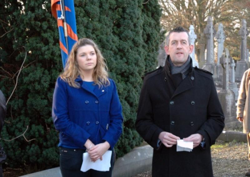 Cllr Lisa Marie Sheehy and Cllr Maurice Quinlivan at the annual Sinn Fein Sean Sabhat commemoration at Mount St Laurence cemetery and, inset, Sean South's former comrade Sean Garland lays a wreath at his grave in a separate event