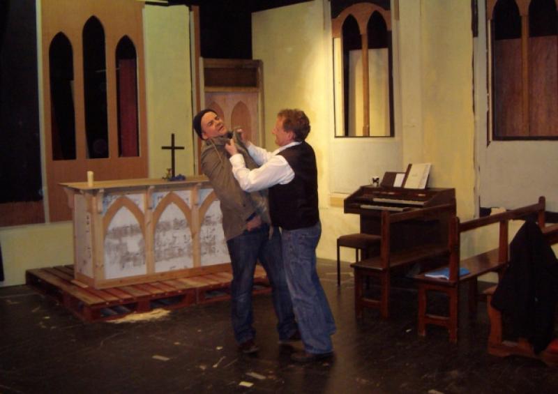 Johnny Corkery and Colman Duffy, members of the Knockaderry Drama Group in a scene from Moonshine which opens the West Limerick Drama Festival in Knockaderry this Friday night.