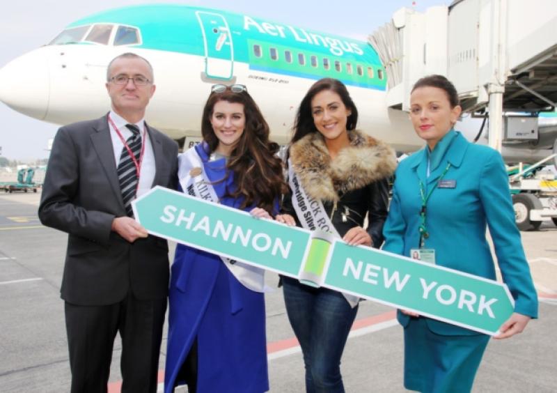 Niall Maloney, Shannon Airport operations director; Kilkenny Rose Vera McGrath; Limerick Rose Dawn Ryan and Alison Gormley, Aer Lingus Shannon celebrate the return of Aer Lingus' services from Shannon to New York JFK. Picture: Liam Burke/Press 22