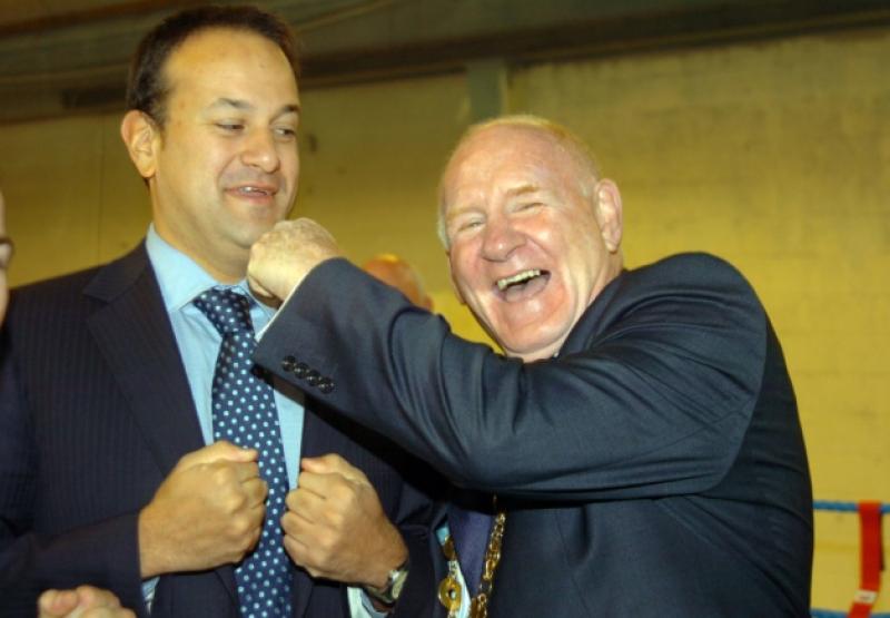 The Minister for Transport, Tourism and Sport, Leo Varadkar squares up to  Mayor Gerry McLoughlin at the opening of the Southside Boxing Academy.