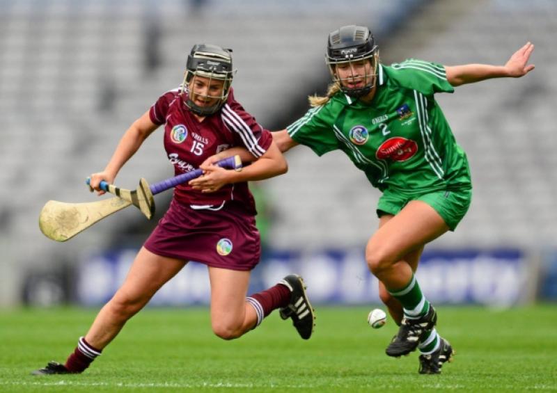 Aoife Donoghue, Galway, in action against Fiona Hickey, Limerick, in the All Ireland intermediate camogie final in Croke Park on Sunday