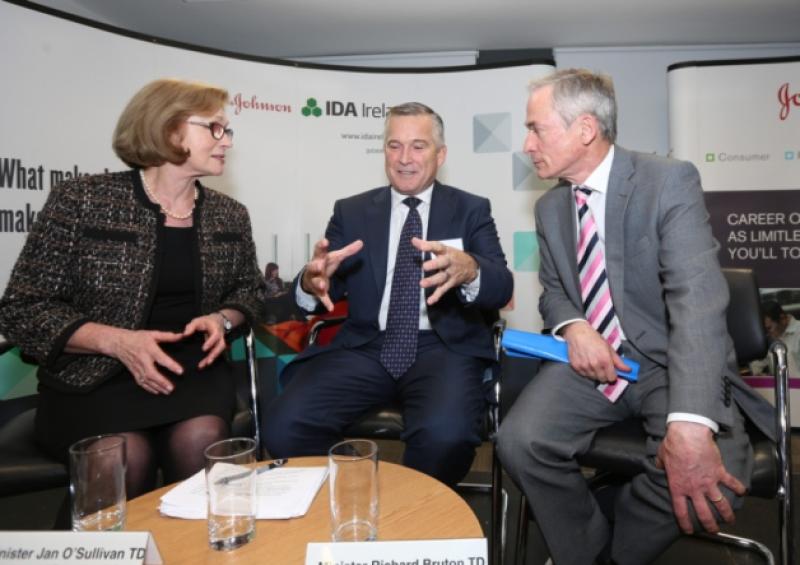 Enterprise Minister Richard Bruton pictured with Education Minister Jan 'Sullivan and Steve Wrenn, J&J VP, at the announcement in December. The company is expected to add a further 200 jobs to its ranks in Limerick. Picture: Liam Burke/Press 22