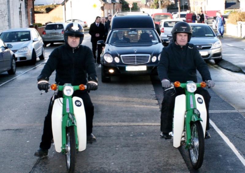 Brian Berkery, Doon and Jack Leonard, Tipperary on the famous 11850 Honda 50s leading the funeral cortege of Philip McCormack from St John's Cathedral to Mount Saint Oliver. Picture: Adrian Butler