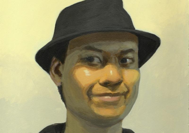 Mark Heng, who is originally from Boston, with his self-portrait, which has seen him nominated for the Hennessy Portrait Prize