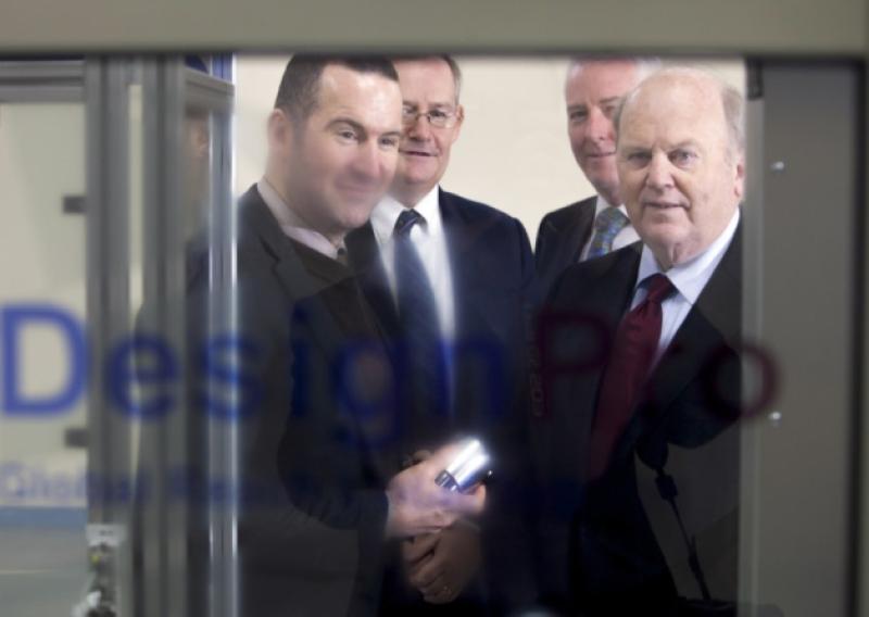 Minister Michael Noonan pictured with Paul Collins MD of DesignPro, Conn Murray, CEO of Limerick City and County Council and Gerry Moloney, Regional Director of Enterprise Ireland. Picture: Don Moloney