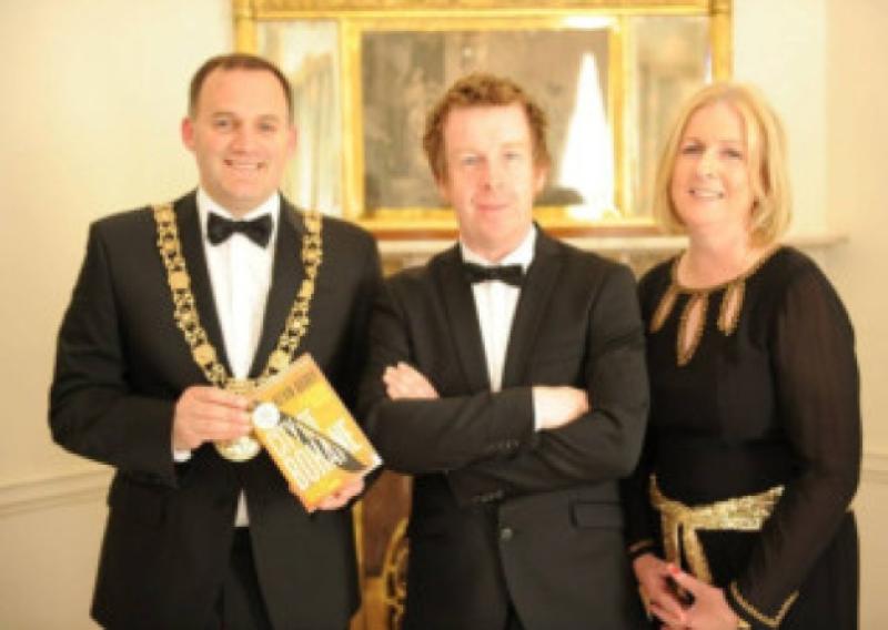 Author Kevin Barry, centre, with the Lord Mayor of Dublin Naoise � Muir� and Margaret Hayes at the Mansion House in Dublin. Picture: Jason Clarke