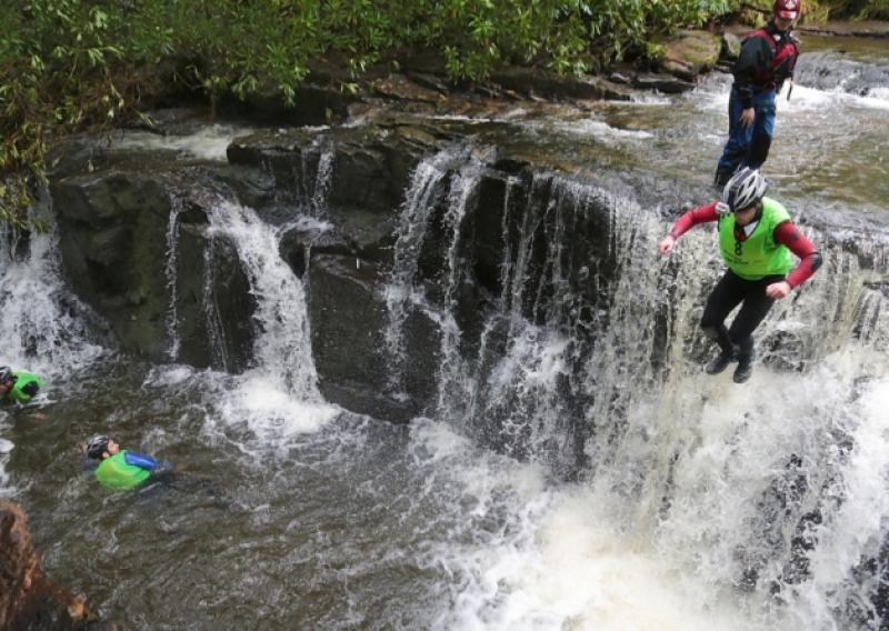 Leap of faith: Kieran Nolan along with his team mates 'Dillon Eustace' canyoning in the Clare Glens during the Beast of Ballyhoura, a 40-hour non-stop adventure race, over three counties. Photo: Valerie O'Sullivan