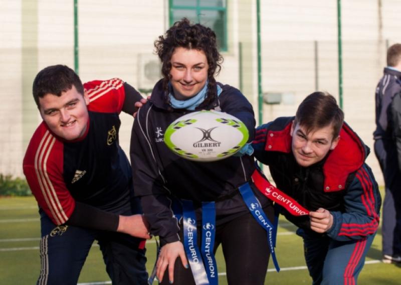 Brian Clancy and Adam Tobin from Catherine McAuley launch in the event  with Kate Nevin, Garryowen RFC. Picture: Alan Place