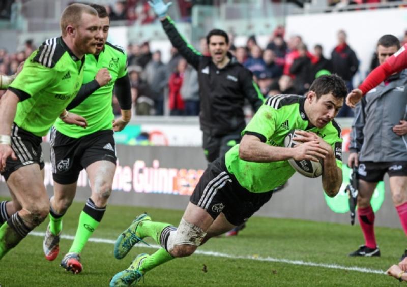 Munster's Felix Jones dives over to score his side's second try in their dramatic draw with the Scarlets in their Guinness PRO12 clash at Parc y Scarlets