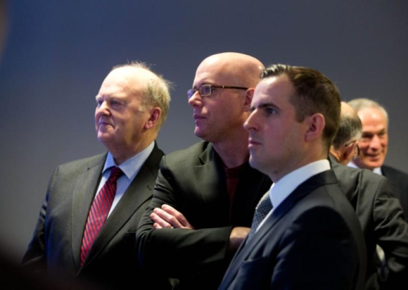 Minister Michael Noonan, Regeneron senior vp Dan Van Plew and Martin Shanahan, IDA and below, Kieran O'Donnell TD, Niall O'Leary, Regeneron, Mr Shanahan, and Minister Richard Bruton are shown around the facility. Pictures: Sean Curtin