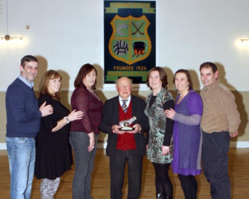 Gerry Piggott, president of Ahane GAA Club at his 90th birthday party with from left;  Frank Curran, Ferrybridge, Breda Whelan, Lisnagry, Bridget McGregor, Clarina, Mary Conway, Ferrybridge, and Anne-Therese Abraham and James Curran, Ennis, in Ahane GAA Club        Picture by Dave Gaynor