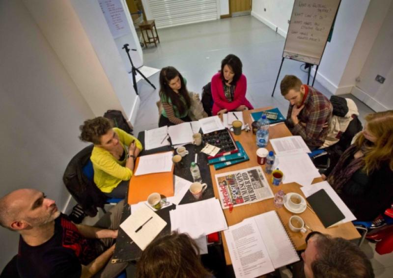 Hatch-ing a plan: Emma Callander and Davey Anderson from Theatre Uncut meet with the HatchLK participants to explore political theatre at 69 O'Connell Street. Picture: Ken Coleman