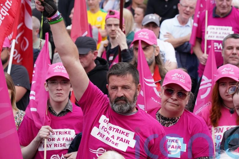 Postal and telecoms workers hold strike rally in Belfast