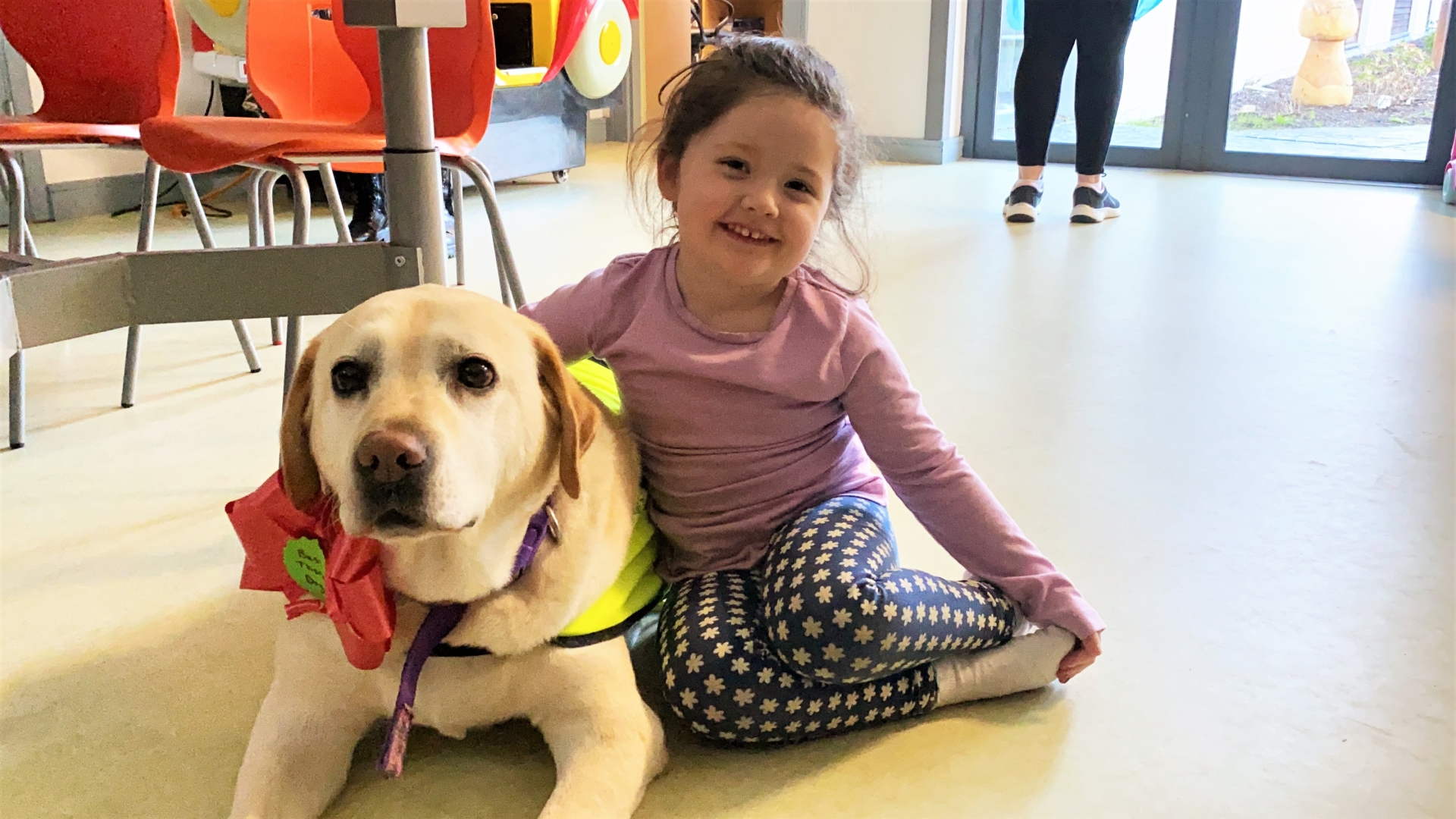 Sadie O’Malley from Castleconnell, County Limerick, pictured with Bonnie during the beloved therapy dog’s final rounds at the Children’s Ark paediatric unit in University Hospital Limerick 
